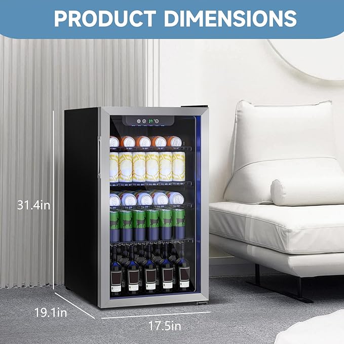 Stopasd Beverage Refrigerator Cooler, 3.2 Cu.Ft/126 Can Drink Fridge with Adjustable Shelves & Glass Door for Soda Wine Beer, Quiet Undercounter Small Fridge for Home/Office/Bar/Garage(37-61 ℉),Sliver