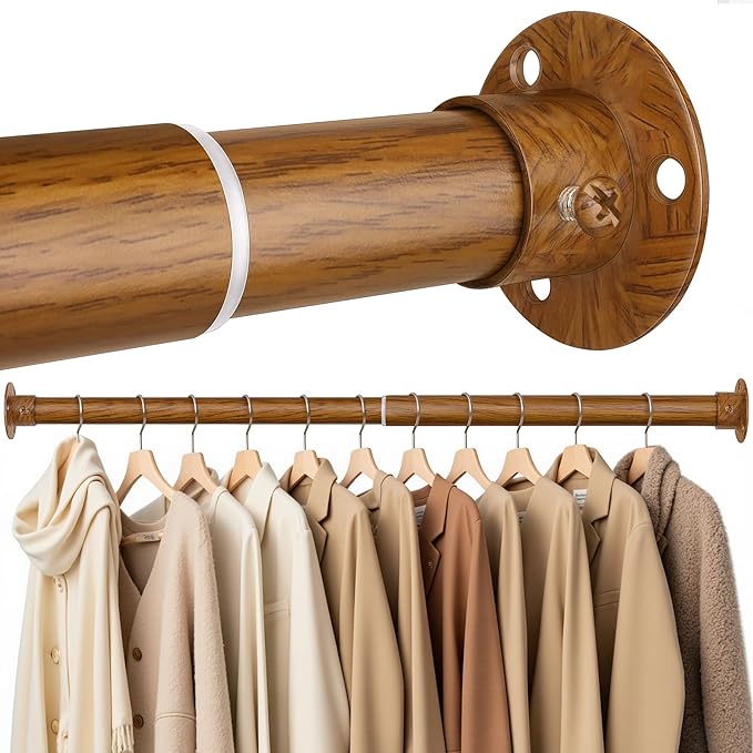 Closet Rods for Hanging Clothes, 17-76 Inch Heavy Duty and Stepless Adjustable Closet Poles, Stainless Steel Closet Hanging Rod for Wardrobes, Laundry Room, Bathroom, RV (Wood-Grain Finish)