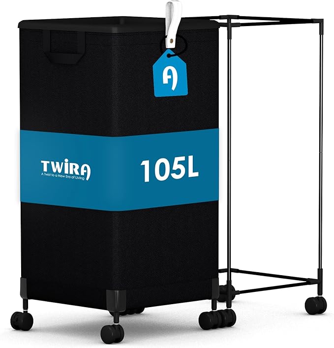 Laundry Basket with Wheels 105L, Large Rolling Laundry Hamper with Removable Bag, Metal Frame Collapsible Dirty Clothes Bin, Cloth Organizer Hampers Pull Handle for Bathroom, Dorm, Bedroom Black