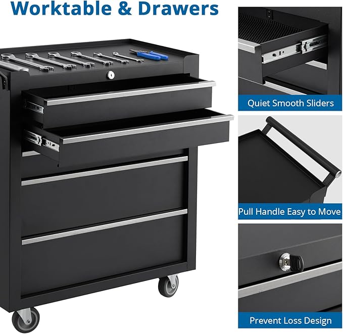 5-Drawer Rolling Tool Chest Organizer with Lockable Wheels, Heavy-Duty Storage Cabinet with Smooth Sliding Drawers, Protective Liner & Side Handle, Ideal for Garage, Workshop, Warehouse, Black