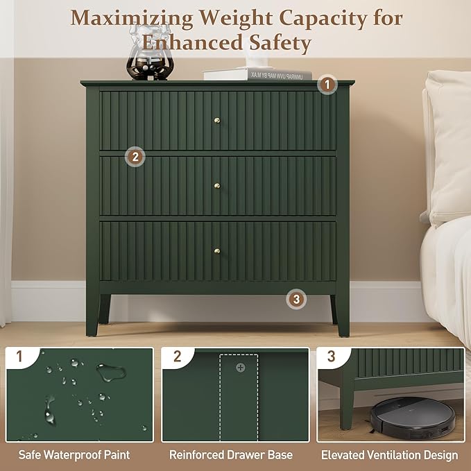RoyalCraft Large 3 Drawer Dresser Set of 2, Fluted Chest of Drawers with Storage, Modern Painted 30 inch Tall Nightstand for Bedroom Living Room Entryway, Green