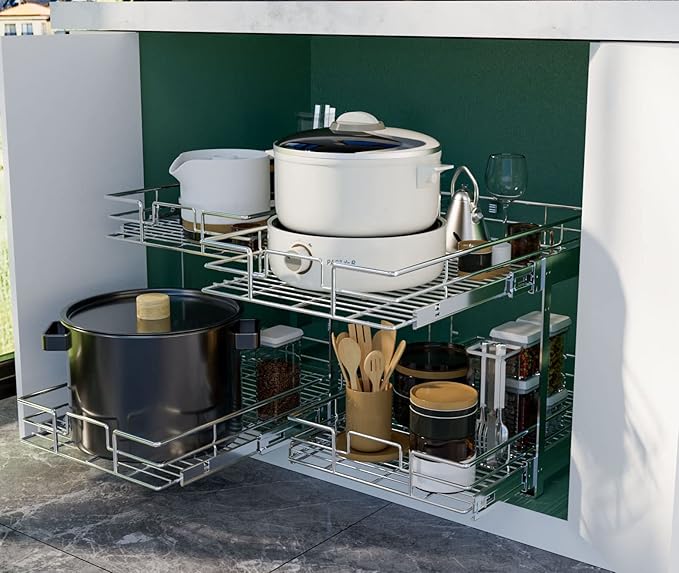 LOVMOR 2 Tier Individual Pull Out Cabinet Organizer 14" W x 21" D, Slide Out Kitchen Cabinet Storage Sliding Shelves