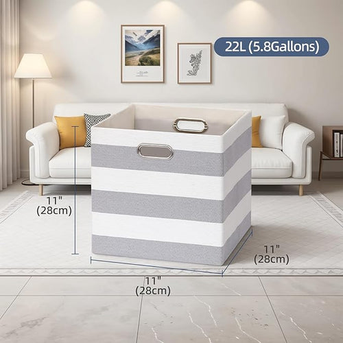 11x11 Cube Storage Bins, Collapsible Fabric Storage Cubes, Cubby Storage Organizer Bins Striped Container Baskets for Organizing Home Office Wardrobe Closet Shelf, Pack of 4, Gray/White