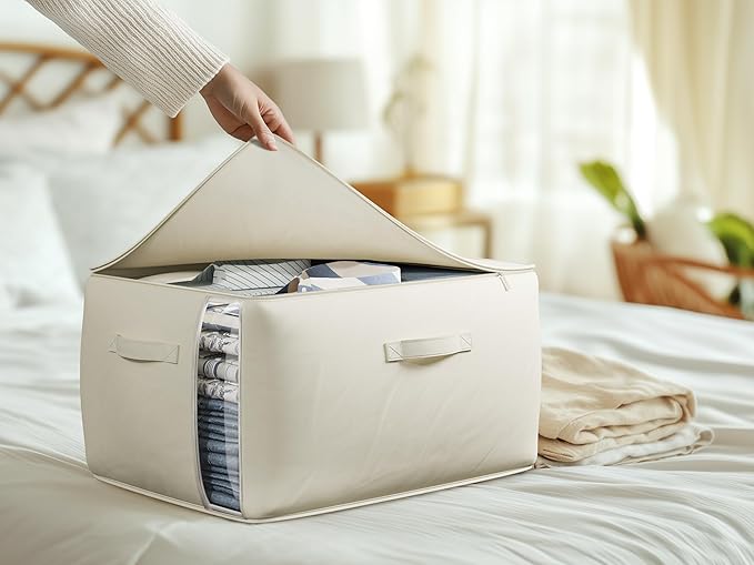 Large Canvas Clothes Storage Bags with Thick Handles and Clear Window, Foldable Cotton Linen Closet Organizer for Clothing, Blankets and Bedding, 70L, 6 Pack, Beige