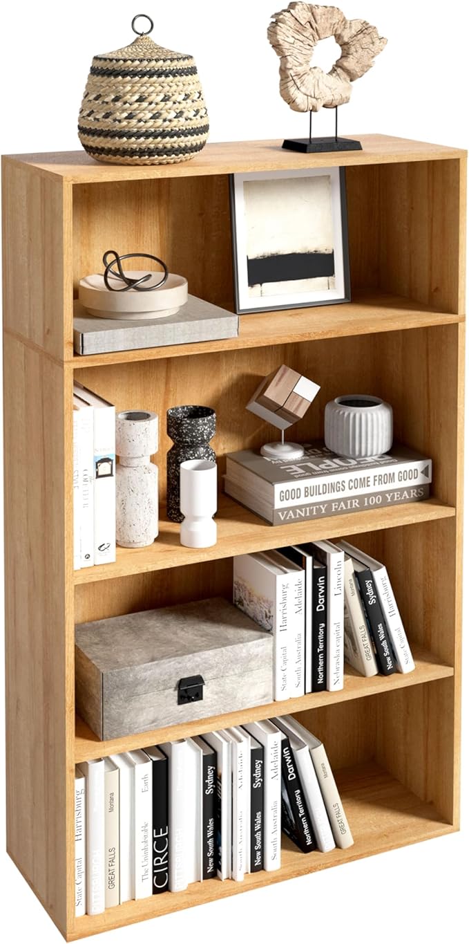 Wooden 4 Cube Storage Organizer,4 Tier Low Bookcase Storage Display Organizer, 44 Inch Versatile Cubes Shelf and Cubby Unit for Any Space (Oak, 4 Cube-W(23.6inch)
