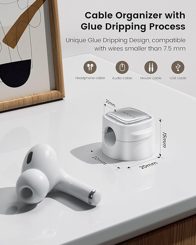 6 Pack Magnetic Cable Clips – Cord Organizer & Holder, Toocki Adhesive Cable Management, Wire Holder for USB Charging Cables, Ideal for Home, Office, Car, Desk, and Nightstand-White