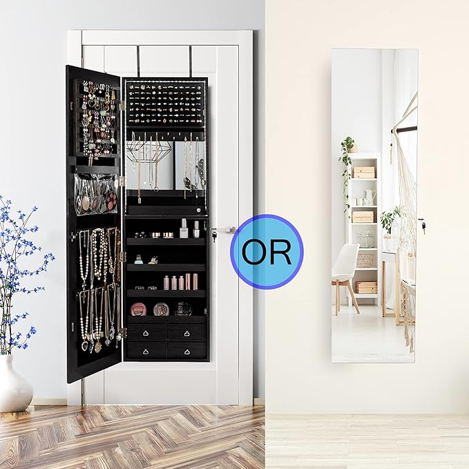 CHARMAID LED Strip Jewelry Armoire with 47.2" H Full Length Mirror, Wall/Door Mounted Jewelry Organizer with Built-in Mirror, Flip-over Cosmetic Tray, 4 Drawers, Large Storage Jewelry Cabinet (Black)