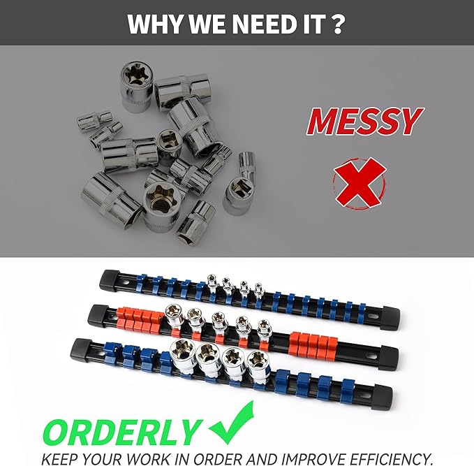 Socket Organizer Drive ABS Tools - Blue Socket Holder, Premium Quality 9 Pieces Socket Holders Kit 1/4-Inch x 48 Clips, 3/8-Inch x 45 Clips, 1/2-Inch x 36 Clips