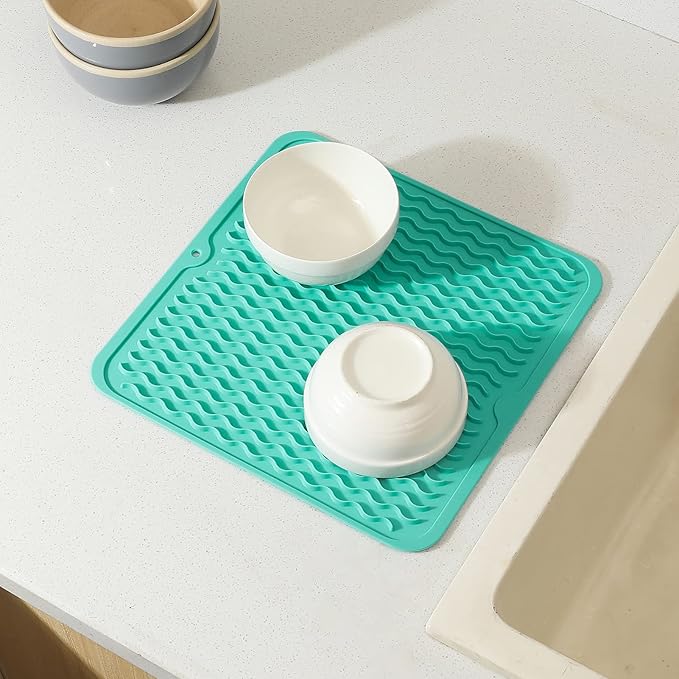 Silicone Dish Drying Mat for Multiple Usage,Easy clean,Eco-friendly,Heat-resistant Silicone Mat for Kitchen Counter or Sink,Refrigerator or Drawer liner Mint M 12 inches x 12 inches