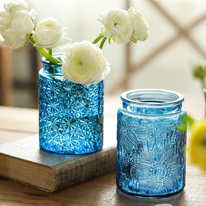 ANSQU 23.7 FL OZ Blue Glass Jars, 2 Pack Vintage Glass Kitchen Storage Counter Jar, Candy Jars with Lids, Mason Jar Hold Coffee Beans, Tea, Cookie, Sugar, Bath Salts & More (Blue, 2 Pack)