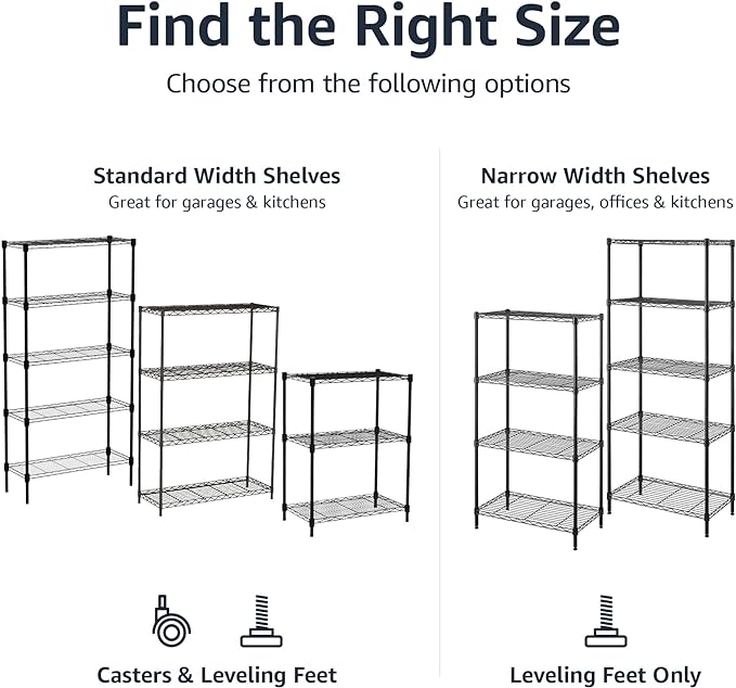 Amazon Basics 3-Shelf Adjustable Heavy Duty Steel Wire Rack Storage Shelving Organizer for Kitchen, Garage, 23.2" L x 13.4" W x 30" H, Black