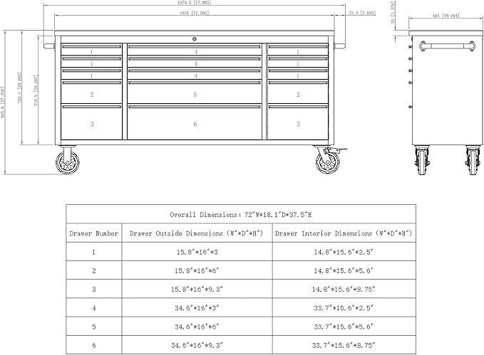 CT Copper Tailor 72-inch Rolling Tool Chest Cabinet with Integrated Power Strip,15 Drawers,Wheels,and Wood Top,Mobile Garage Workbench Storage, Assembled Large Tool Box for Workshop, Matte Black
