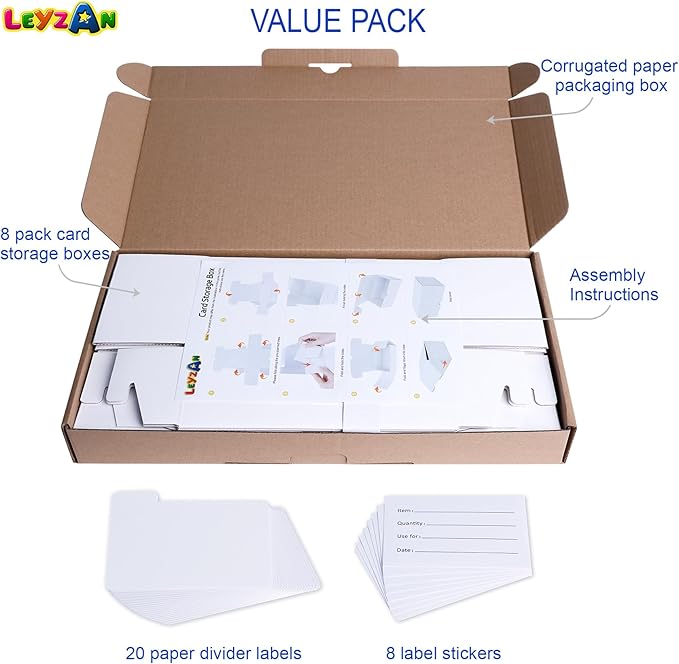 Toploader Storage Box, 8-Pack•100 Count Corrugated Cardboard Trading Card Top Loaders with Dividers & Labels for TCG/Magic/Mtg Organizer and Collection