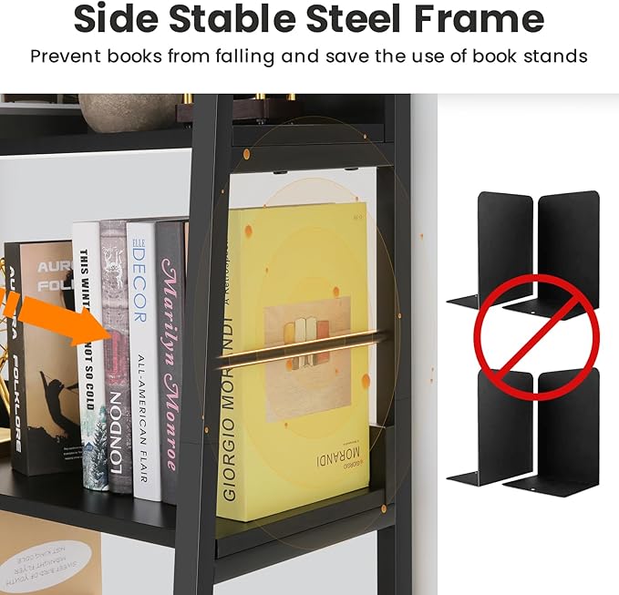 Himimi Black Ladder Bookshelf, 5 Shelf Bookcase Industrial Bookshelf Wood and Metal Bookshelves, Plant Flower Stand Rack Book Storage Shelves for Living Room, Bedroom, Home Office