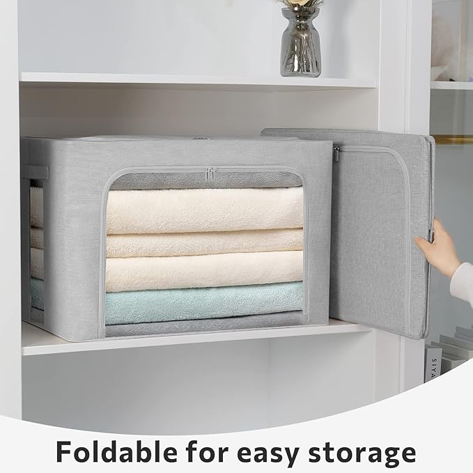 FHSQX 2 Pack Clothes Storage Bins Stackable Metal Frame Storage Box Large Capacity Foldable Linen Fabric Box Organizer with Carrying Handles and Clear Window (Light Gray, 19.7x 15.7x 12.6 Inch)