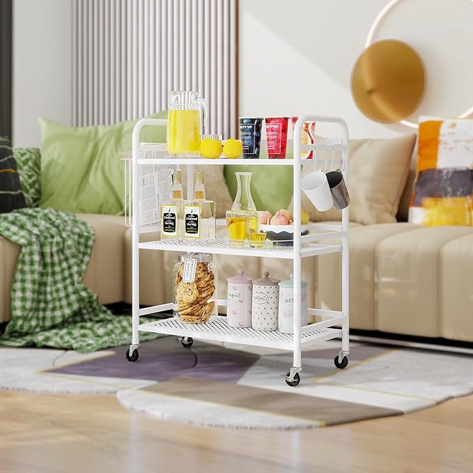 HDANI 3 Tier Metal Mesh Utility Cart,Large Capacity Multipurpose Heavy Vehicle,Rolling Trolley with to Hooks and One Basket(White)