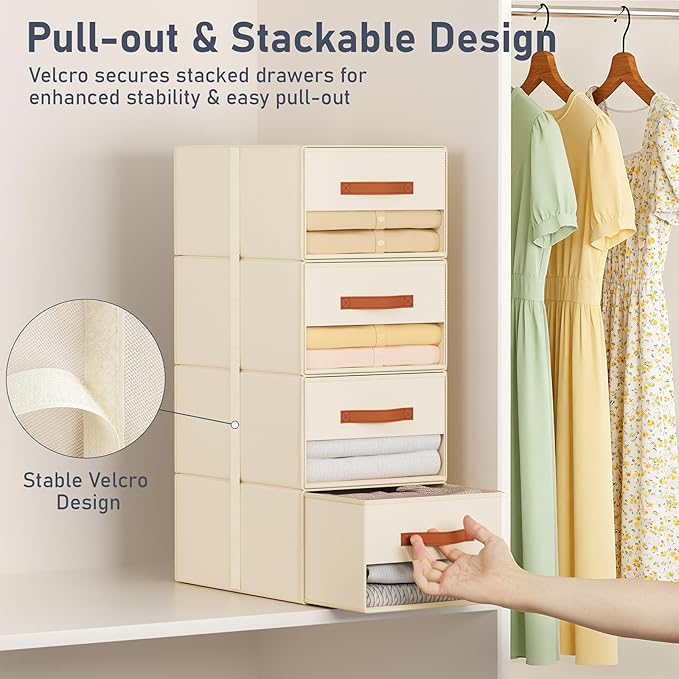 DIMJ Closet Organizers and Storage - Fabric Bins with Drawers for Closet Foldable Clothes Organizers with Clear Window, Stackable Storage Drawers Units for Bedroom, Living Room, Medium 4-Pack, Beige