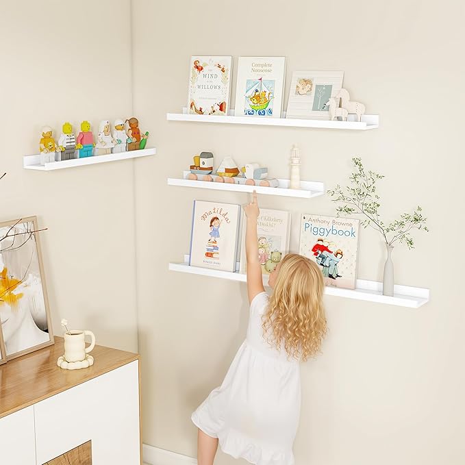 Fun Memories Picture Ledge Shelf, White Floating Shelves Set of 4, 48 Inch Picture Shelves for Wall with Ledge, Large Nursery Book Shelf for Toys Storage, Living Room, Bedroom Decor Frames