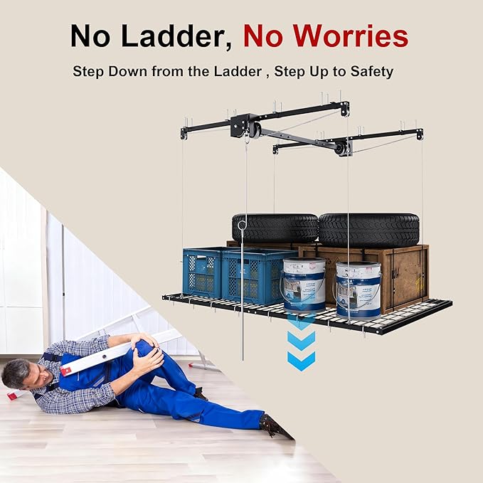 Overhead Garage Storage Rack 4x8 FT, Adjustable Ceiling Lift Storage System for 10–12 FT Ceilings, Heavy-Duty Steel Overhead Shelf with Crank Handle, Safety Lock, 325 lbs Capacity