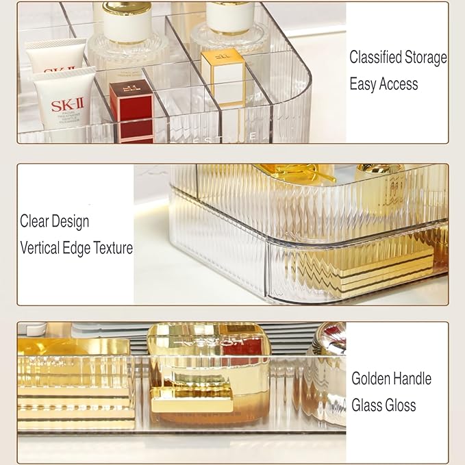 Clear Makeup Organizer for Vanity, Large Desk Organizer with Stackable Drawer for Cosmetics, Skincare, Lipsticks, Palette, Nail Care, Ideal Storage for Dresser and Bathroom Countertop