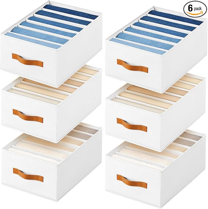 Closet Organizers and Storage - Fabric Clothes Organizer with Handles, Foldable Jeans Organizer for Clothes, Drawer Organizer for Shirts, Bra, Sweater, Scarf, 6 Pack, White