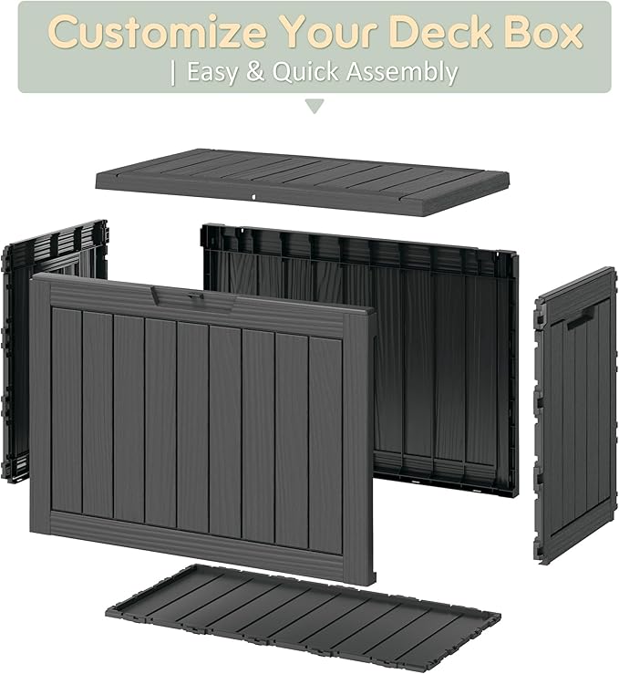 Outdoor Storage Box, Weather-Resistant Resin Deck Box for Patio, Balcony, Poolside, Holds Garden Tools & Cushions (45 Gallon, Black)