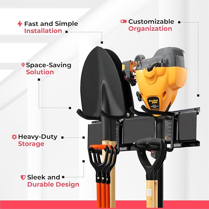 TIDYME Garage Wall Organizer | 80" Heavy-Duty Tool Storage Rack | Adjustable Double-Layer Hooks | 500 lbs Capacity | Carbon Steel Wall Mount Holder for Shovels, Rakes, Ladders & Power Tools