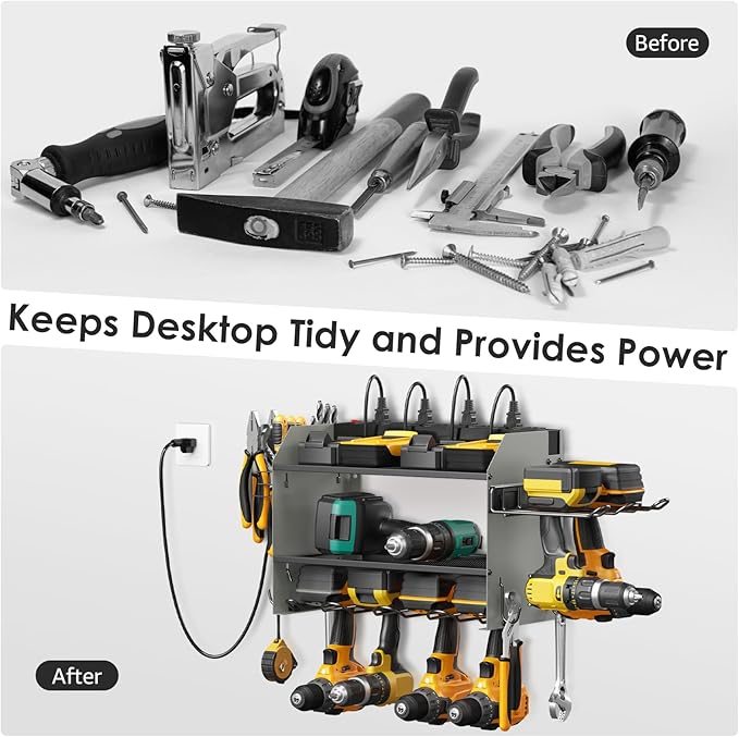CCCEI Modular Power Tool Organizer Wall Mount Charging Station, Grey 6 Drills Holder with 8 Plug Power Strip 10FT, Garage Drill Battery Heavy Duty Metal Shelf, Utility Rack with Hooks, Side Storage.