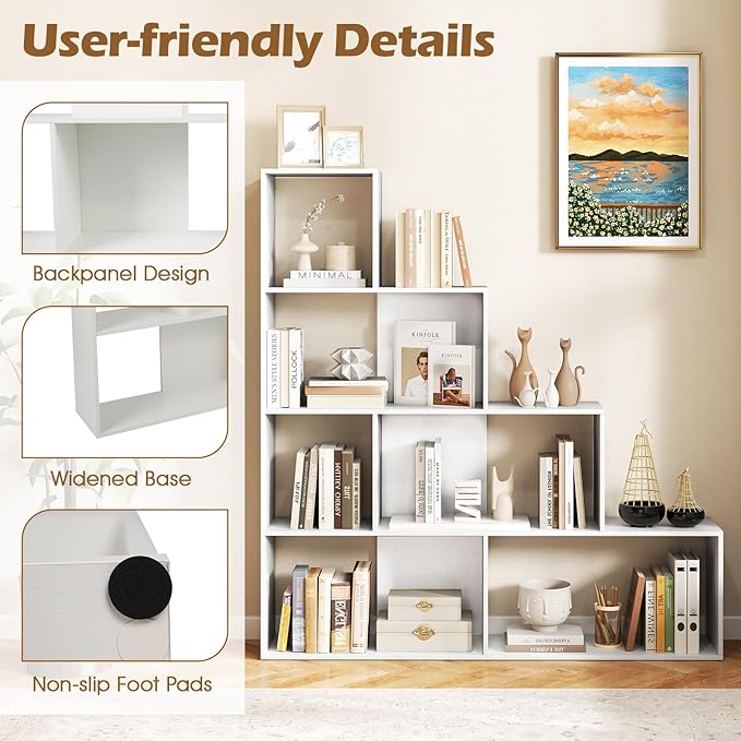 Tangkula 4-Tier Stepped Bookshelf, Freestanding 6 Cubes Ladder Bookcase with Anti-Tipping Kits, 64" Tall Modern Wooden Storage Display Rack for Home Office Living Room Study (1, White)