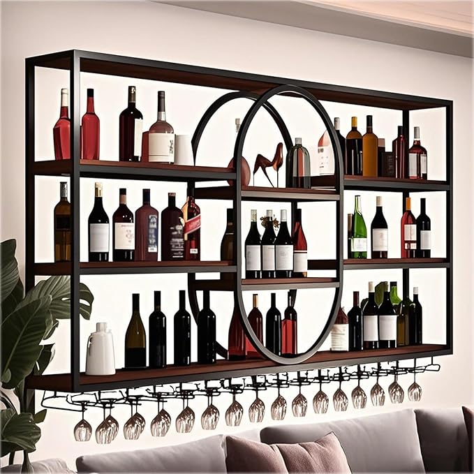 Large Wall Mount Wine Rack, Metal 4 Tier Large Capacity Hanging Bar Rack with Wine Glass Holder, Oval Wine Bottle Storage Display Rack for Kitchen, Living Room, Home (Black, 160cm/63in)