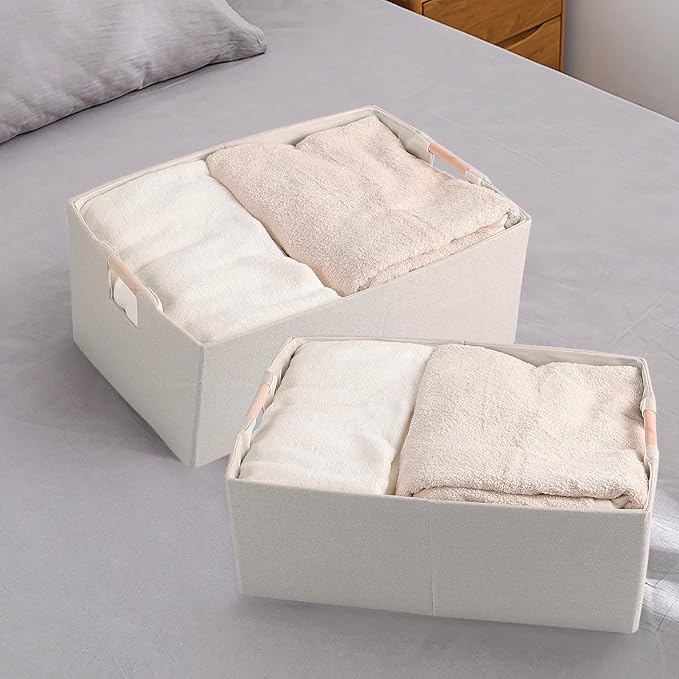 Fabric Storage Bin 3 Pack Foldable Cotton Linen Storage Basket with Wooden Handles Rectangular Cube Box - Beige, Large