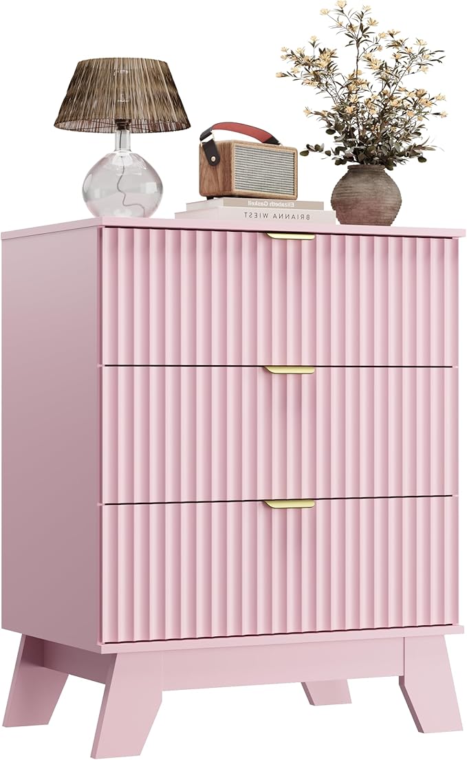 Pink Night Stand with 3 Drawers, Bedside Table & End Table, 24" Wide Mid Century Modern Fluted Wood Nightstand with Metal Handles, Farmhouse Night Stands for Bedroom