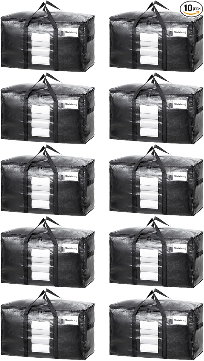 TAILI Extra Large Moving Bags, 10 Pack Black Heavy Duty Totes for Storage with Visible Window, Wrap Around Handles, Storage Bags for Space Saving, Alternative to Moving Boxes