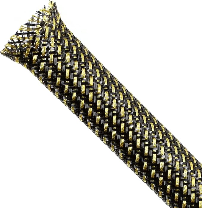 Braided Cable Sleeving, PET Expandable Braided Cable Sleeve, Flexible Mesh Sleeving Cord Management for Audio Video and Other Home Device, Cord Protector from Pets (Black Gold, 5/8" x 25ft)