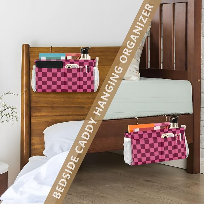 Checkered Hot Pink Bedside Caddy for Dorm Bed Bedside Hanging Caddy Bag Iron Frame Storage Organizer Pocket for Bunk Home College Hospital Beds 2 Hooks