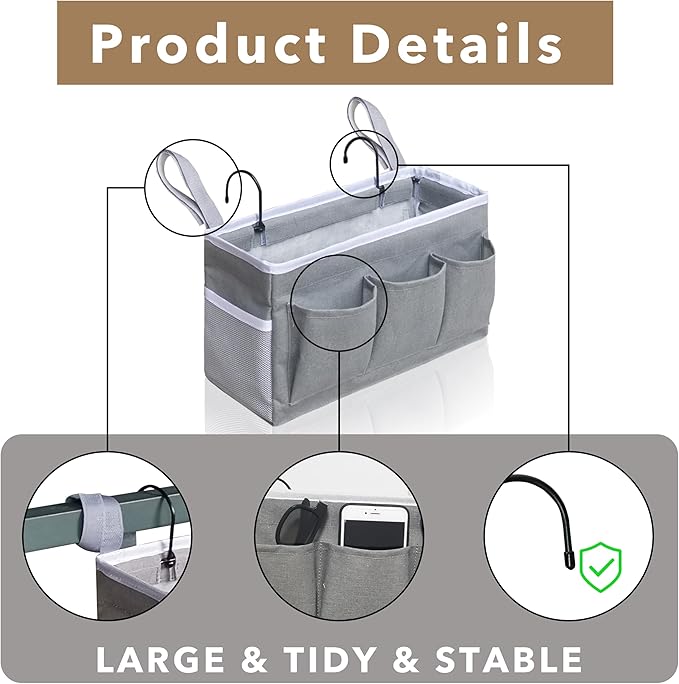 Bedside Caddy Storage Organizer - 2pcs Hanging Bag Holder with Pockets for Bedroom, Loft, Tent, Curtain, Bunk bed Shelf Accessories (Gray)