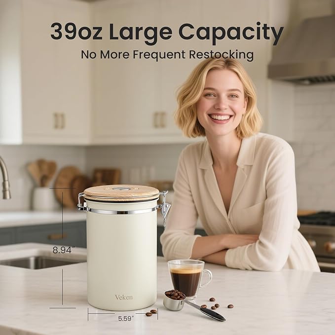 Veken Coffee Canister, 39OZ Large, Airtight Stainless Steel Food Storage Container for 2.2lbs Coffee Beans, Ground, Sugar, Tea, Flour, Cereal, Kitchen Bar Accessories with Date Tracker & Scoop, Cream