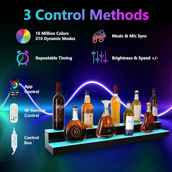 Led Lighted Liquor Bottle Display Shelf, 30 Inch 2 Tier Whiskey Rack, Support USB, Bar Stand with RF Remote & App Control, Illuminated Acrylic Lighting Shelves for Home Bar, Party