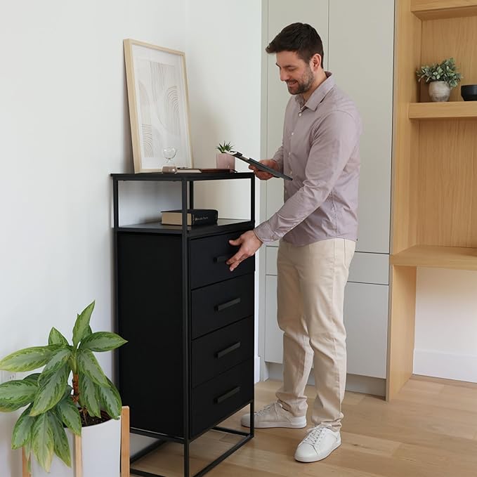 tinge Zana Premium Fabric Dresser - Strong Metal Frame, 4 Spacious Sag-Proof Drawers & Sturdy Wooden Top Shelf - Premium, Sleek & Durable Storage Solution for Your Home (Black)