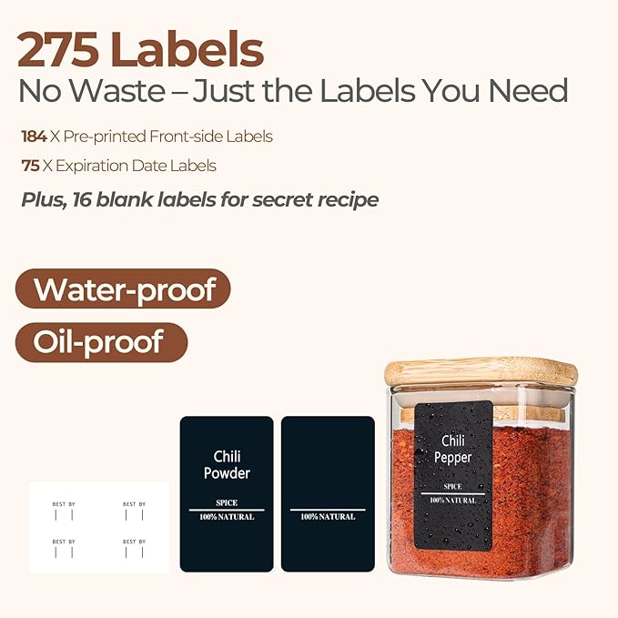 ComSaf 16Pcs Glass Spice Jars with Bamboo Lid, 4oz Airtight Square Spice Containers with 275 Black Lables, Empty Seasoning Jars for Spice Salt Sugar
