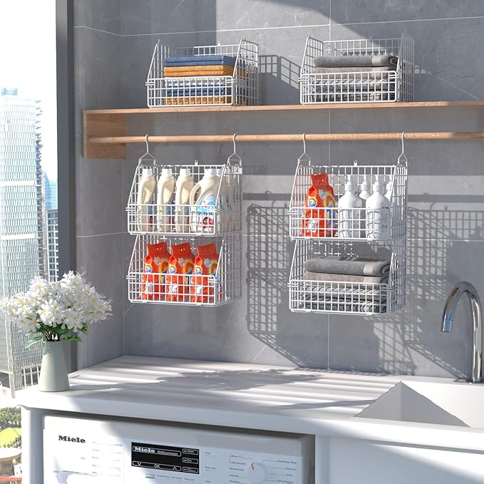 Hanging Closet Organizer and Storage, Clothes Hanging Shelves Wire Baskets for Clothing Sweaters Purse Handbags Shoes White 3 Tier