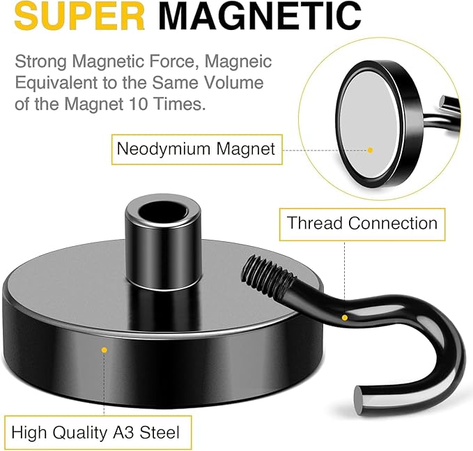 DIYMAG Black Magnetic Hooks, 120 LB Heavy Duty Strong Magnets with Hook, Rare Earth Neodymium Magnet for Cruise Cabins Ship Essentials 12 Packs