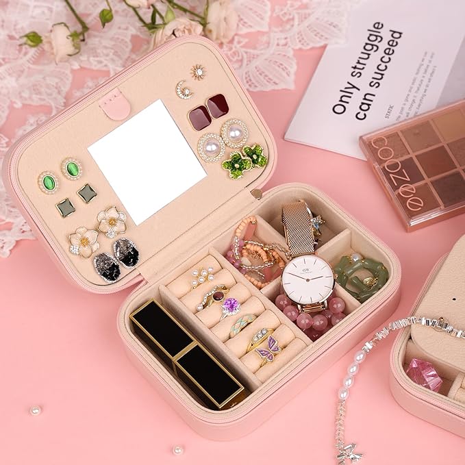 TopPerfekt Travel Jewelry Case Travel Jewelry Box With Mirror, Jewelry Organizer Bridal Shower Gifts To Her, Earring Travel Case, Trendy Gift for Women and Girls (I, Pink)
