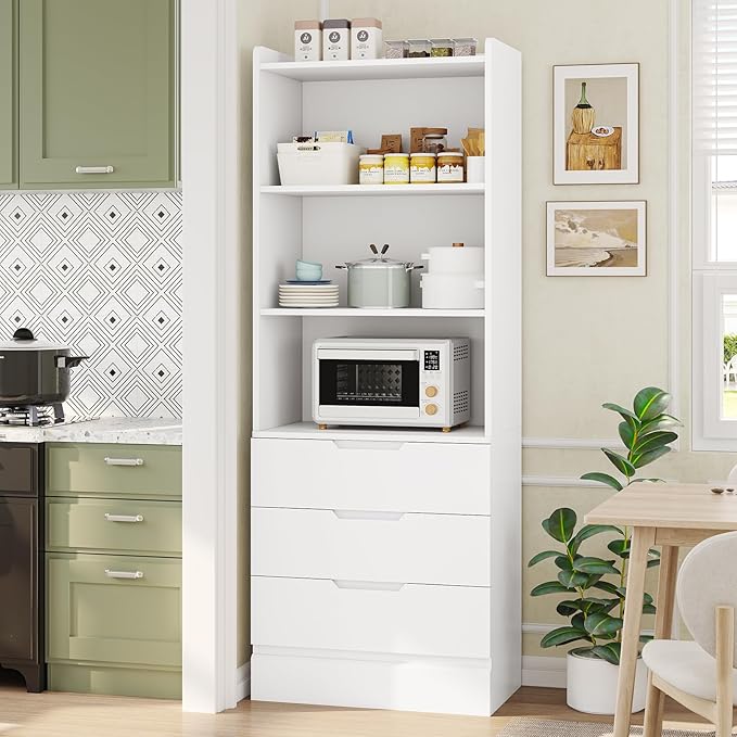 DICTAC 73.23'' Tall Storage Cabinet Bookcase with 3 Drawers and 3-Tier Open Shelves Wooden Bookshelf Kitchen Pantry Storage Organizer Cabinets for Living Room, Study, Kitchen,Bathroom,White