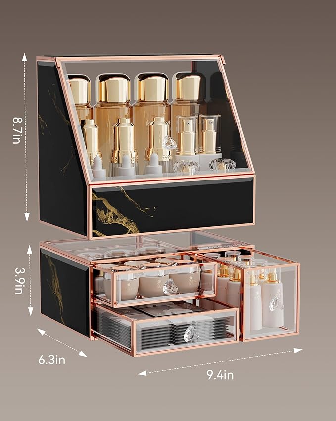 Makeup Organizer for Vanity, Black Makeup Organizer with Drawer, Skincare Holder for Bathroom Countertop,Cosmetic Display Case for Dresser