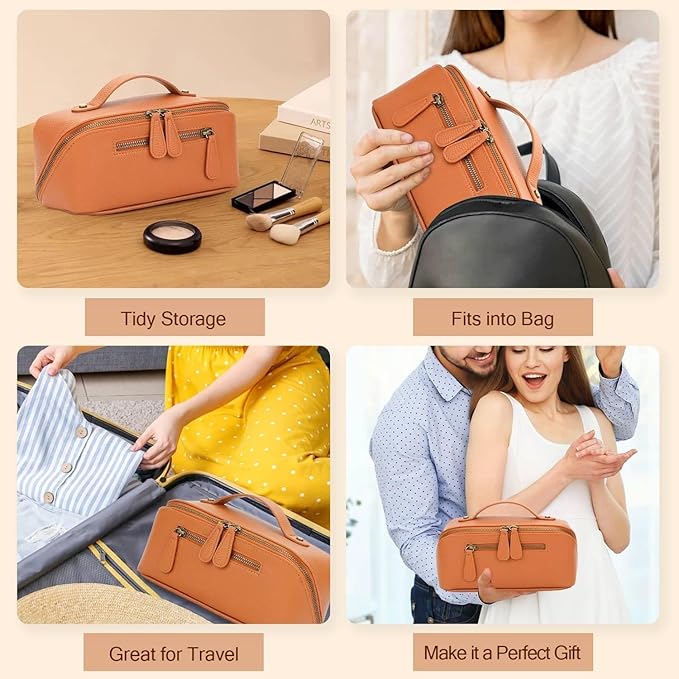 Travel Makeup Bag Large Capacity Cosmetic Bags for Women Waterproof Make up Organizer Toiletry Bag Open Flat Portable with Divider with Handle Pouch (Brown, 3L)