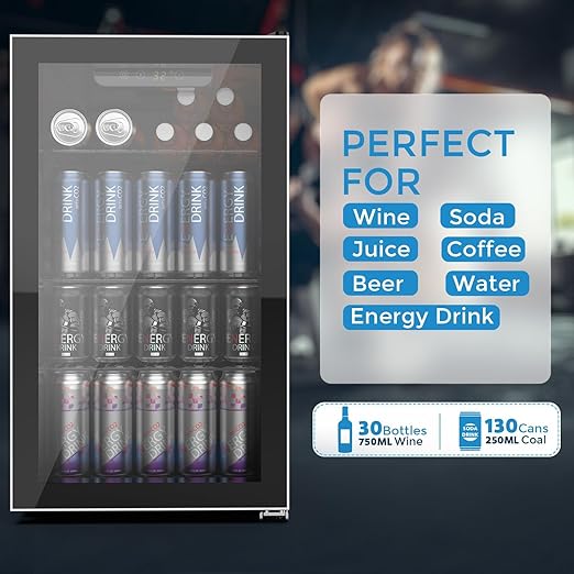 COWSAR Mini Fridge Cooler, 130 Can Beverage Refrigerator with Glass Door, ETL Approved Wine Fridge with Digital Temperature Control, LED Light, Reversible Door for Home, Office, Bar - 3.2 Cu.Ft