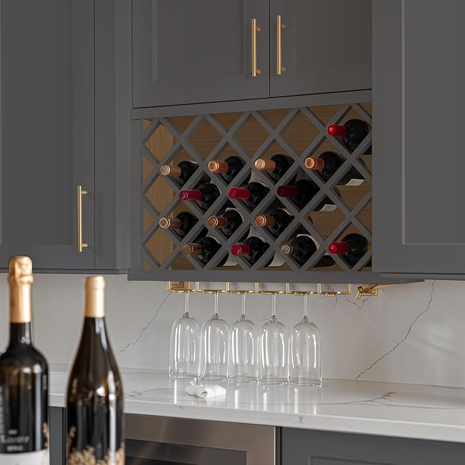 Solid Wood RTA Wine Bottle Rack Wall Cabinet with Lattice Panels - Wine Storage for Bar, Pantry, Cellar & Countertop - Mocha (Pebble Gray, 36'W 12'D 15'H)