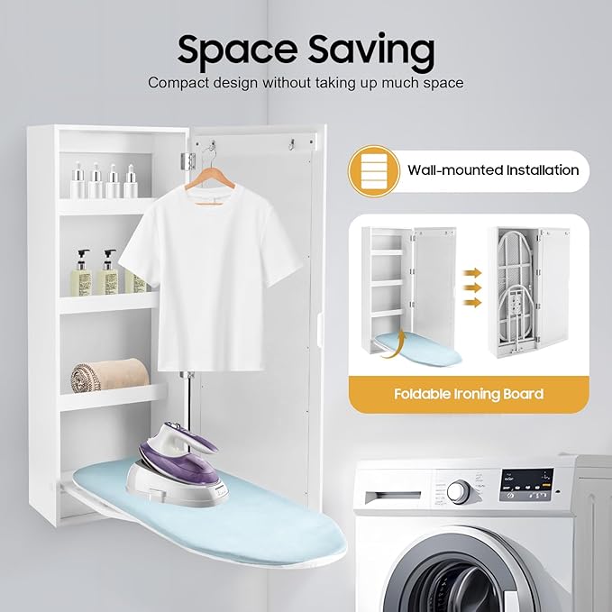 Wall Mount Ironing Board Cabinet, 14 * 8.1 * 37.5inch Built-in Swivel Ironing Board Foldable with Storage, Ironing Table Closet with 180° Rotatable Ironing Table for Home, Apartment & Small Spaces