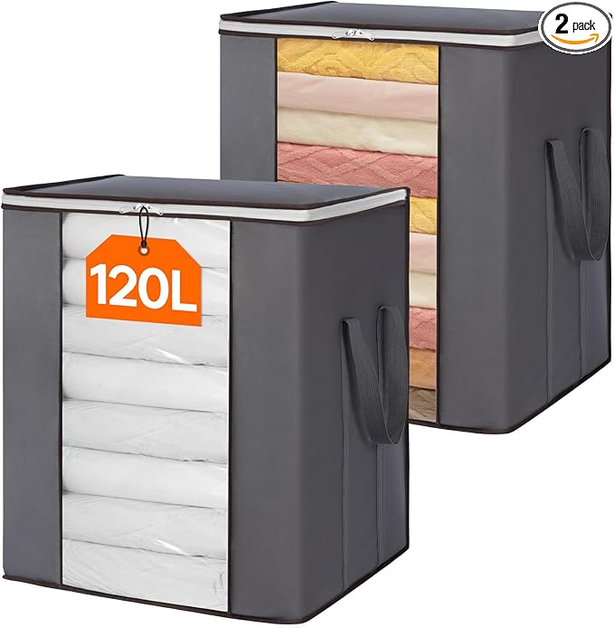 Lifewit 120L Extra Large Blanket Storage Bags, Foldable Comforter Storage with Reinforced Handles, Clothes Storage Containers for King Comforter, Bedding, Pillow, Sheet, Storage Bin with Lids 2 Pack